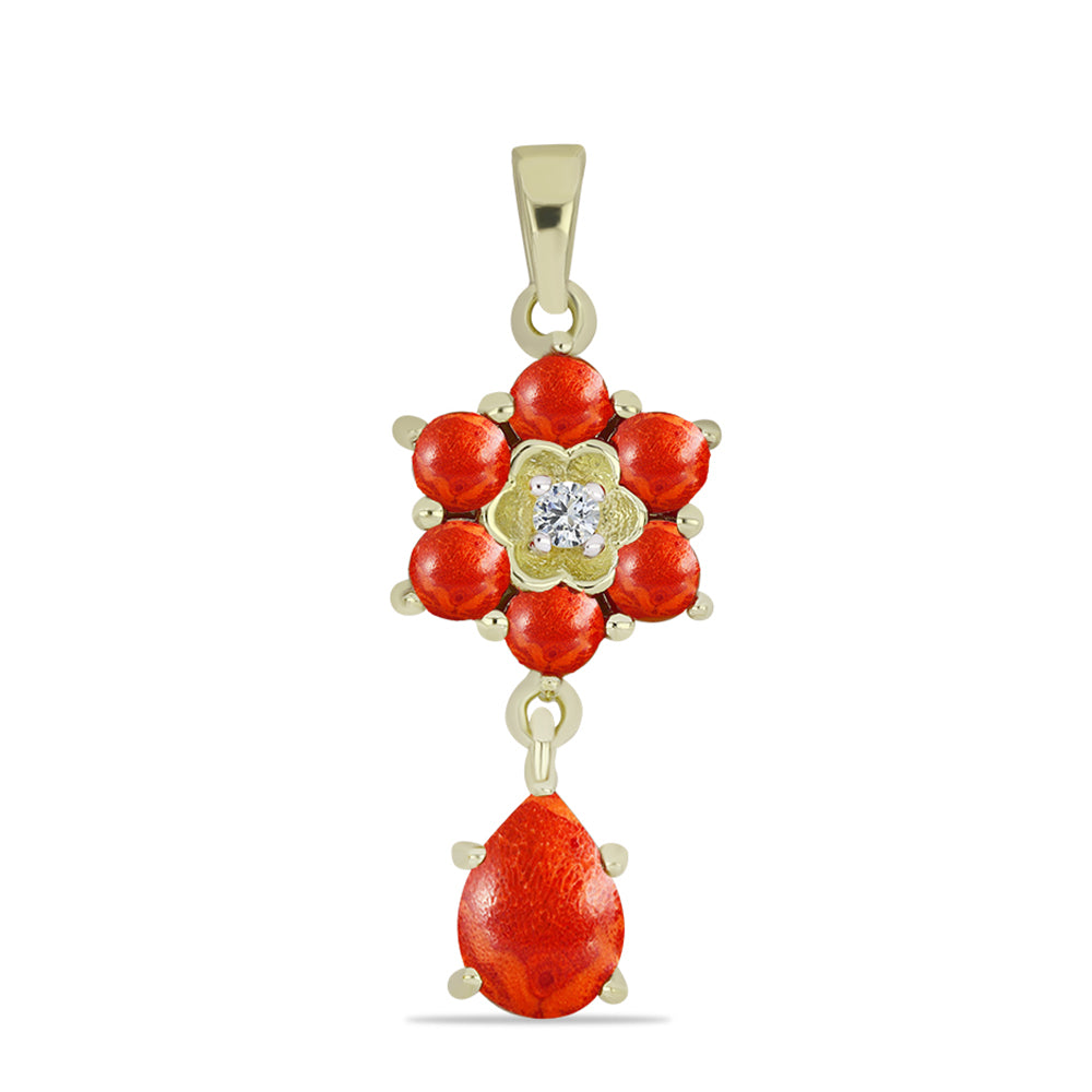 Pandantiv din Argint 925 Placat cu Aur ( 1.57 grame ) cu Coral Roșu Burete și Topaz Alb 1.52 Carate 1 