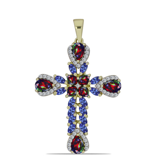 Cruce Pandantiv din Argint 925 Placat cu Aur ( 5.06 grame ) cu Opal Etiopian Negru Lega Dembi și Tanzanit 2.84 Carate