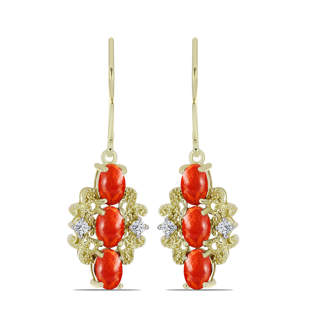 Cercei din Argint 925 Placat cu Aur ( 3.77 grame ) cu Coral Roșu Burete și Topaz Alb 2.22 Carate 1 