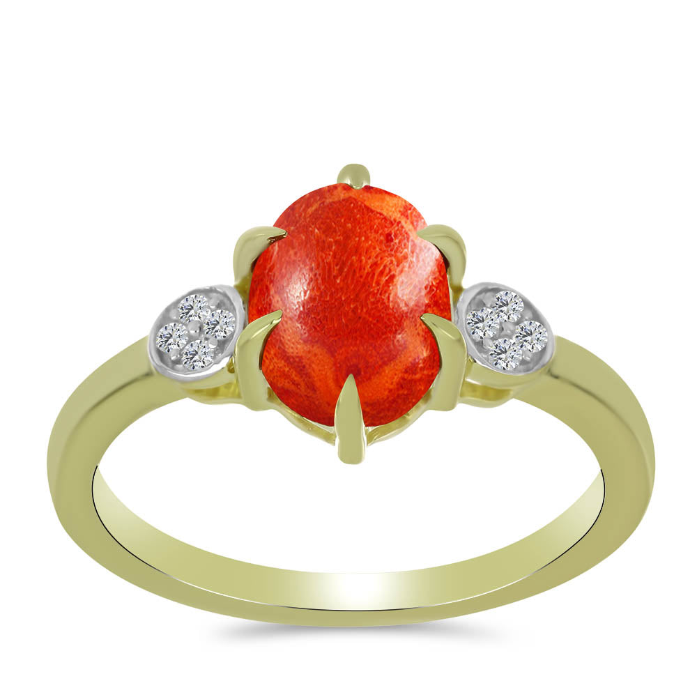 Inel din Argint 925 Placat cu Aur ( 2.3 grame ) cu Coral Roșu Burete și Topaz Alb 1.53 Carate 3 