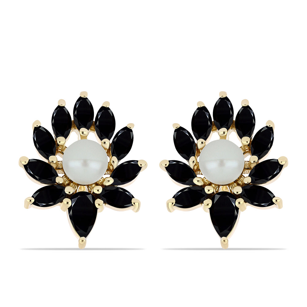 Cercei din Argint 925 Placat cu Aur ( 3.96 grame ) cu Perlă De apă Dulce cu Efect "Verde Tahitian" și Onix Negru 3.95 Carate 1 