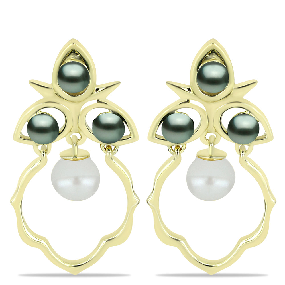 Cercei din Argint 925 Placat cu Aur ( 4.95 grame ) cu Perlă De apă Dulce cu Efect "Verde Tahitian" și Perlă Albă de Cultură 3.42 Carate 1 