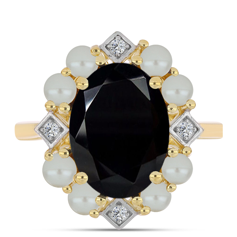 Inel din Argint 925 Placat cu Aur ( 4.25 grame ) cu Perlă De apă Dulce cu Efect "Verde Tahitian" și Onix Negru 5.47 Carate 1 