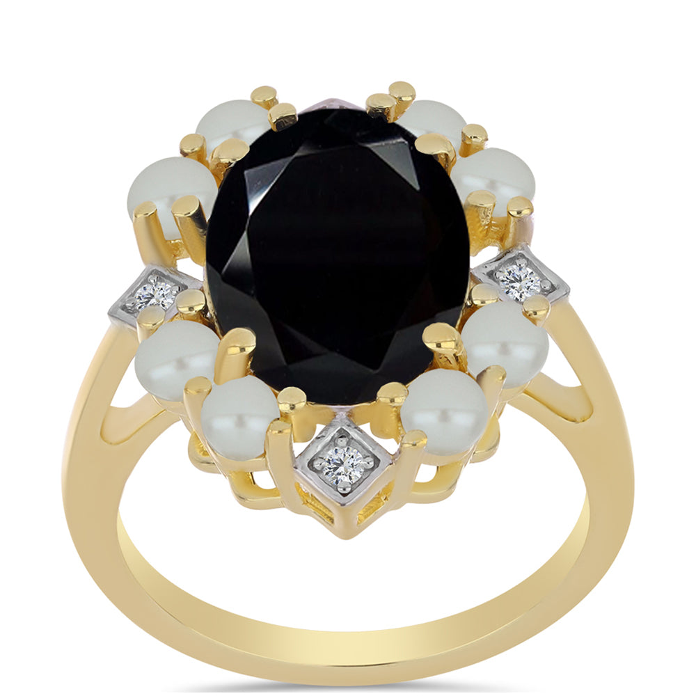 Inel din Argint 925 Placat cu Aur ( 4.25 grame ) cu Perlă De apă Dulce cu Efect "Verde Tahitian" și Onix Negru 5.47 Carate 3 