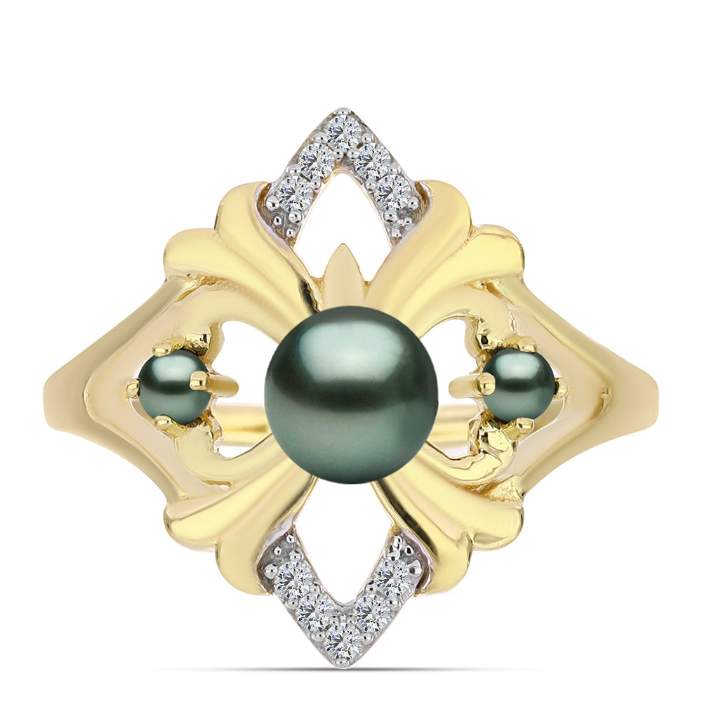 Inel din Argint 925 Placat cu Aur ( 3.56 grame ) cu Perlă De apă Dulce cu Efect "Verde Tahitian" și Topaz Alb 0.46 Carate 1 