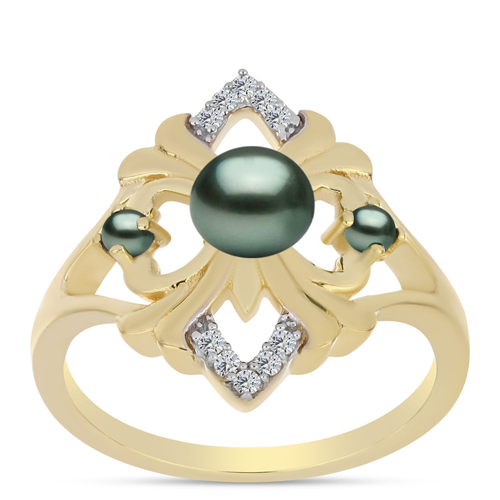 Inel din Argint 925 Placat cu Aur ( 3.56 grame ) cu Perlă De apă Dulce cu Efect "Verde Tahitian" și Topaz Alb 0.46 Carate