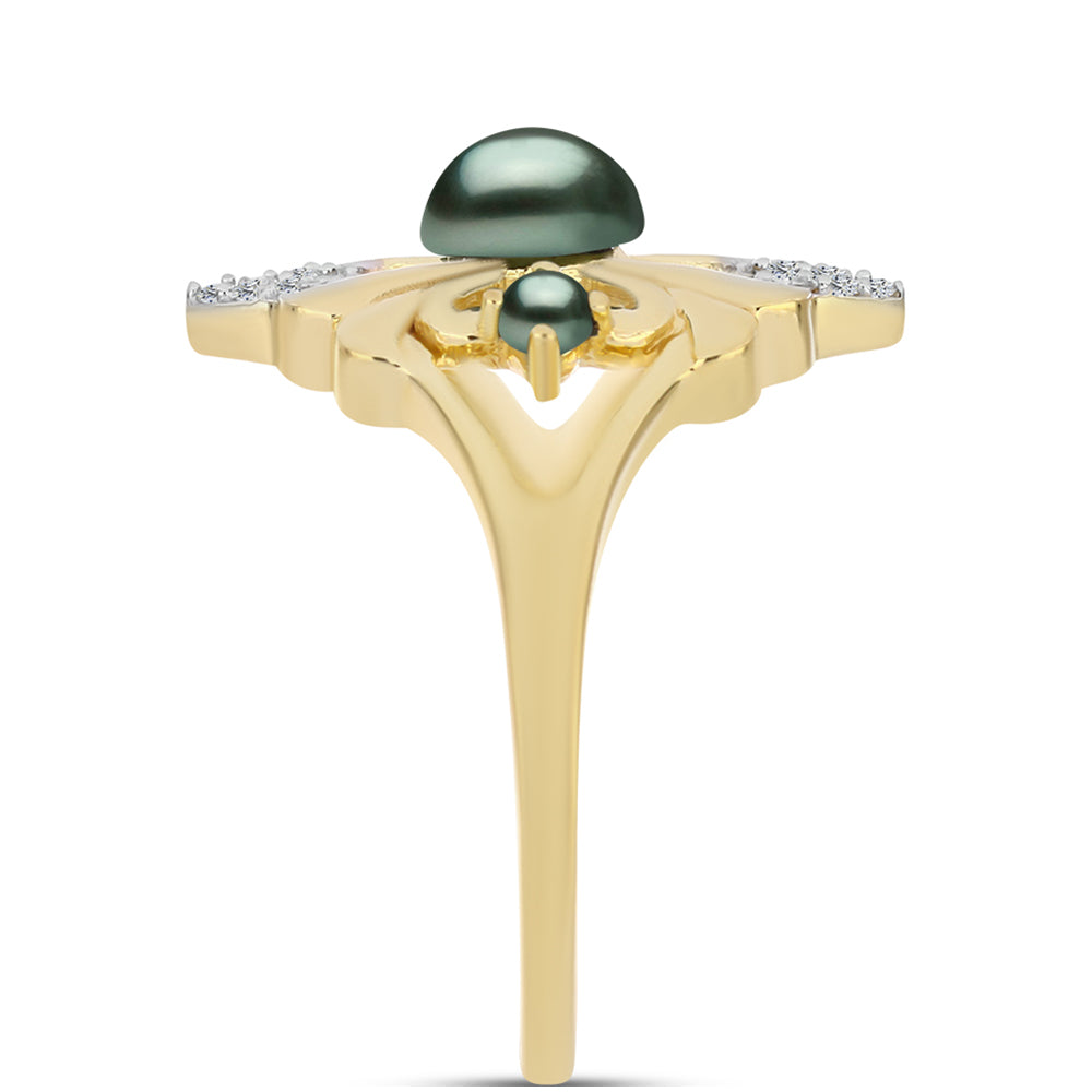 Inel din Argint 925 Placat cu Aur ( 3.56 grame ) cu Perlă De apă Dulce cu Efect "Verde Tahitian" și Topaz Alb 0.46 Carate 4 