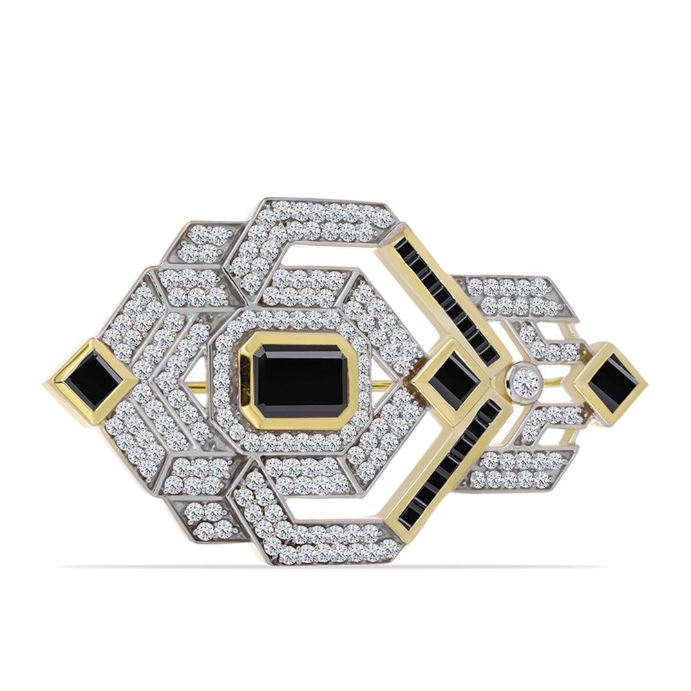 Broşă din Argint 925 Placat cu Aur ( 7.38 grame ) cu Onix Negru și Topaz Alb 3.75 Carate