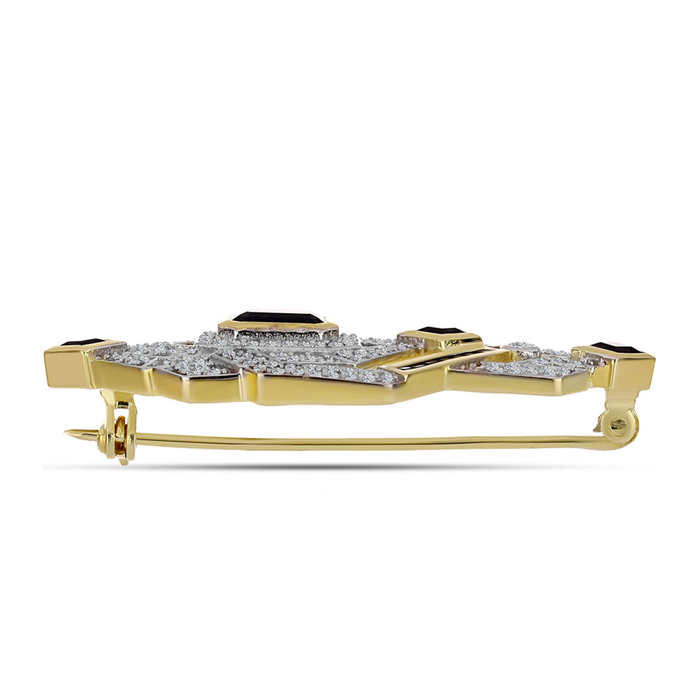 Broşă din Argint 925 Placat cu Aur ( 7.38 grame ) cu Onix Negru și Topaz Alb 3.75 Carate 2 