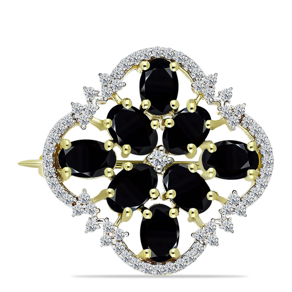 Broşă din Argint 925 Placat cu Aur ( 4.08 grame ) cu Onix Negru și Topaz Alb 3.67 Carate 1 