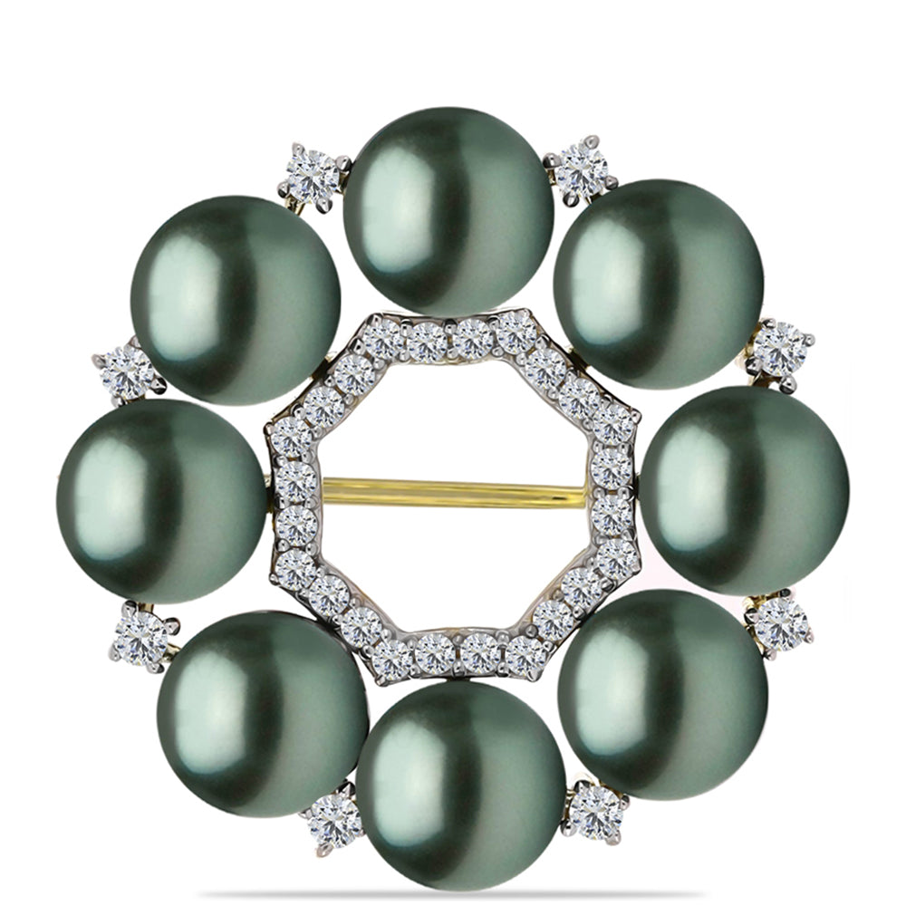Broşă din Argint 925 Placat cu Aur ( 2.34 grame ) cu Perlă De apă Dulce cu Efect "Verde Tahitian" și Topaz Alb 2.81 Carate