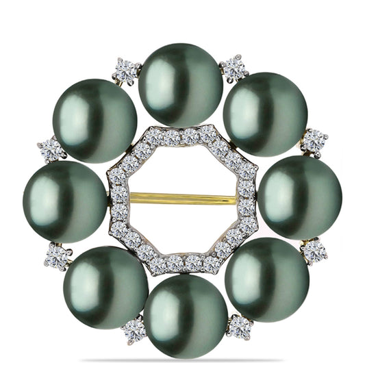 Broşă din Argint 925 Placat cu Aur ( 2.34 grame ) cu Perlă De apă Dulce cu Efect "Verde Tahitian" și Topaz Alb 2.81 Carate