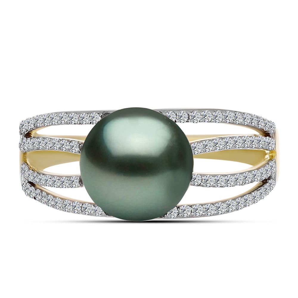 Inel din Argint 925 Placat cu Aur ( 3.08 grame ) cu Perlă De apă Dulce cu Efect "Verde Tahitian" și Topaz Alb 2 Carate