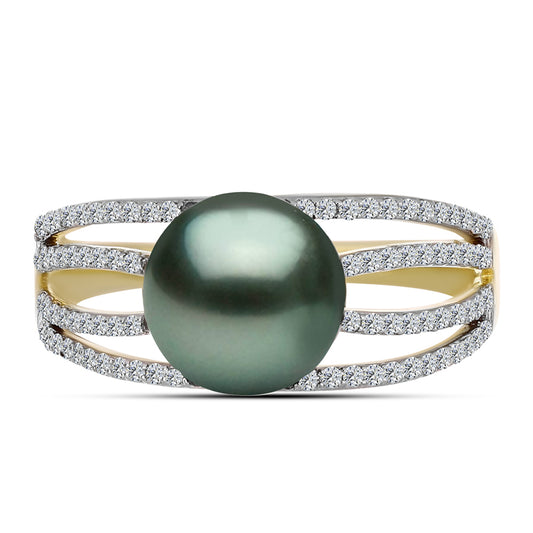 Inel din Argint 925 Placat cu Aur ( 3.08 grame ) cu Perlă De apă Dulce cu Efect "Verde Tahitian" și Topaz Alb 2 Carate