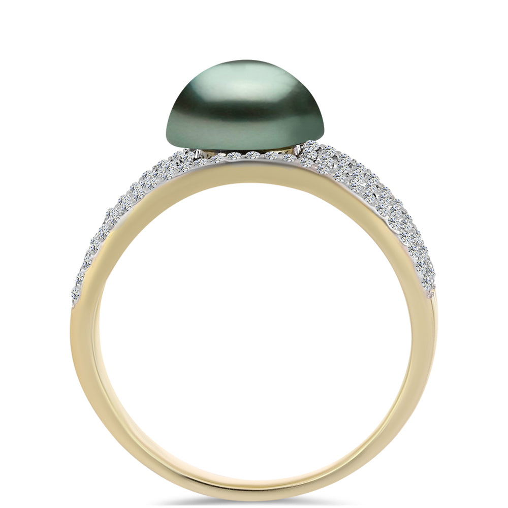 Inel din Argint 925 Placat cu Aur ( 3.08 grame ) cu Perlă De apă Dulce cu Efect "Verde Tahitian" și Topaz Alb 2 Carate 2 