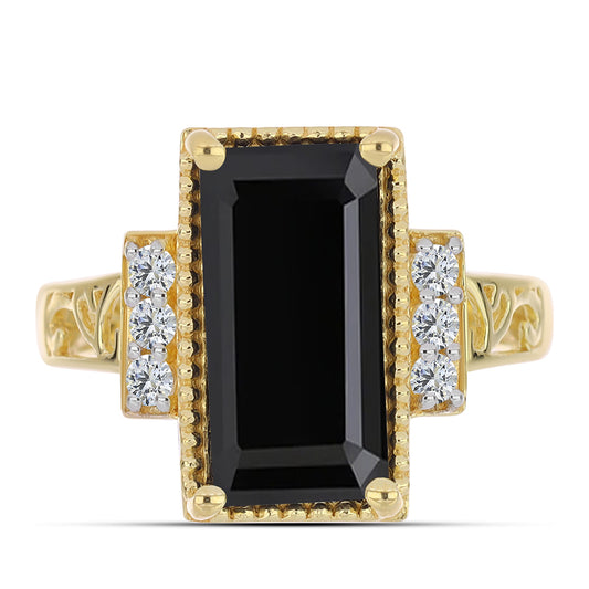 Inel din Argint 925 Placat cu Aur ( 3.54 grame ) cu Onix Negru și Topaz Alb 3.46 Carate