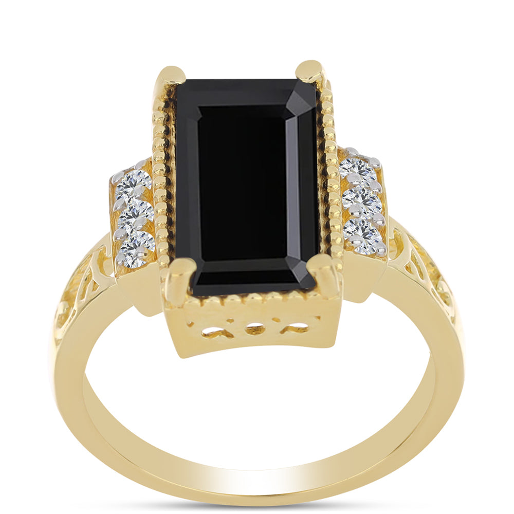Inel din Argint 925 Placat cu Aur ( 3.54 grame ) cu Onix Negru și Topaz Alb 3.46 Carate
