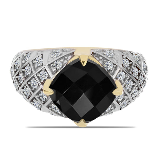 Inel din Argint 925 Placat cu Aur ( 4.61 grame ) cu Onix Negru și Topaz Alb 4.02 Carate