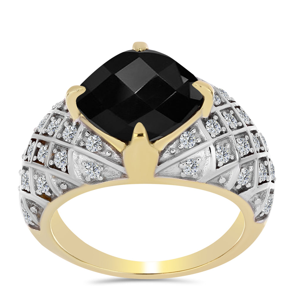 Inel din Argint 925 Placat cu Aur ( 4.61 grame ) cu Onix Negru și Topaz Alb 4.02 Carate 3 