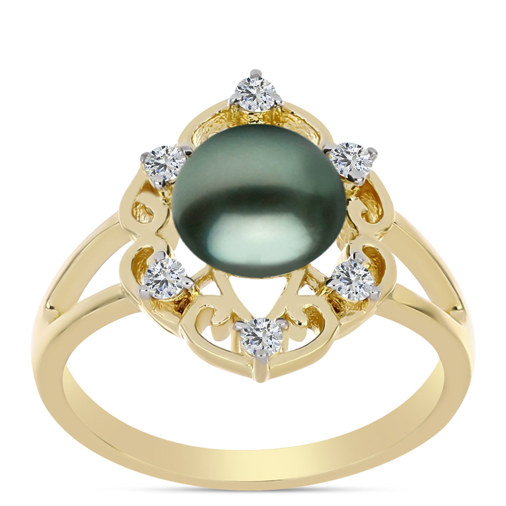 Inel din Argint 925 Placat cu Aur ( 3.43 grame ) cu Perlă De apă Dulce cu Efect "Verde Tahitian" și Topaz Alb 1.01 Carate