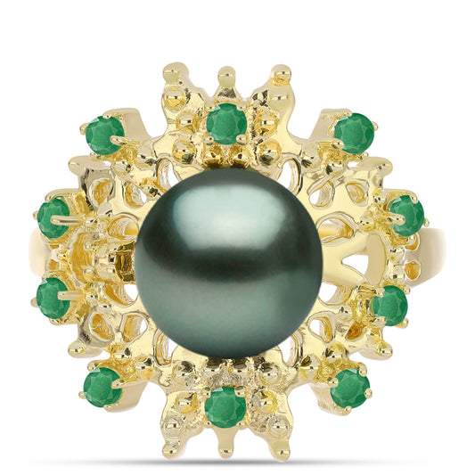 Inel din Argint 925 Placat cu Aur ( 6.16 grame ) cu Perlă De apă Dulce cu Efect "Verde Tahitian" și Smarald Brazilian 1.83 Carate
