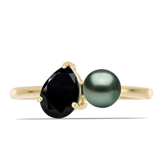 Inel din Argint 925 Placat cu Aur ( 1.89 grame ) cu Perlă De apă Dulce cu Efect "Verde Tahitian" și Spinel Negru Gorno Badakhshan 1.72 Carate