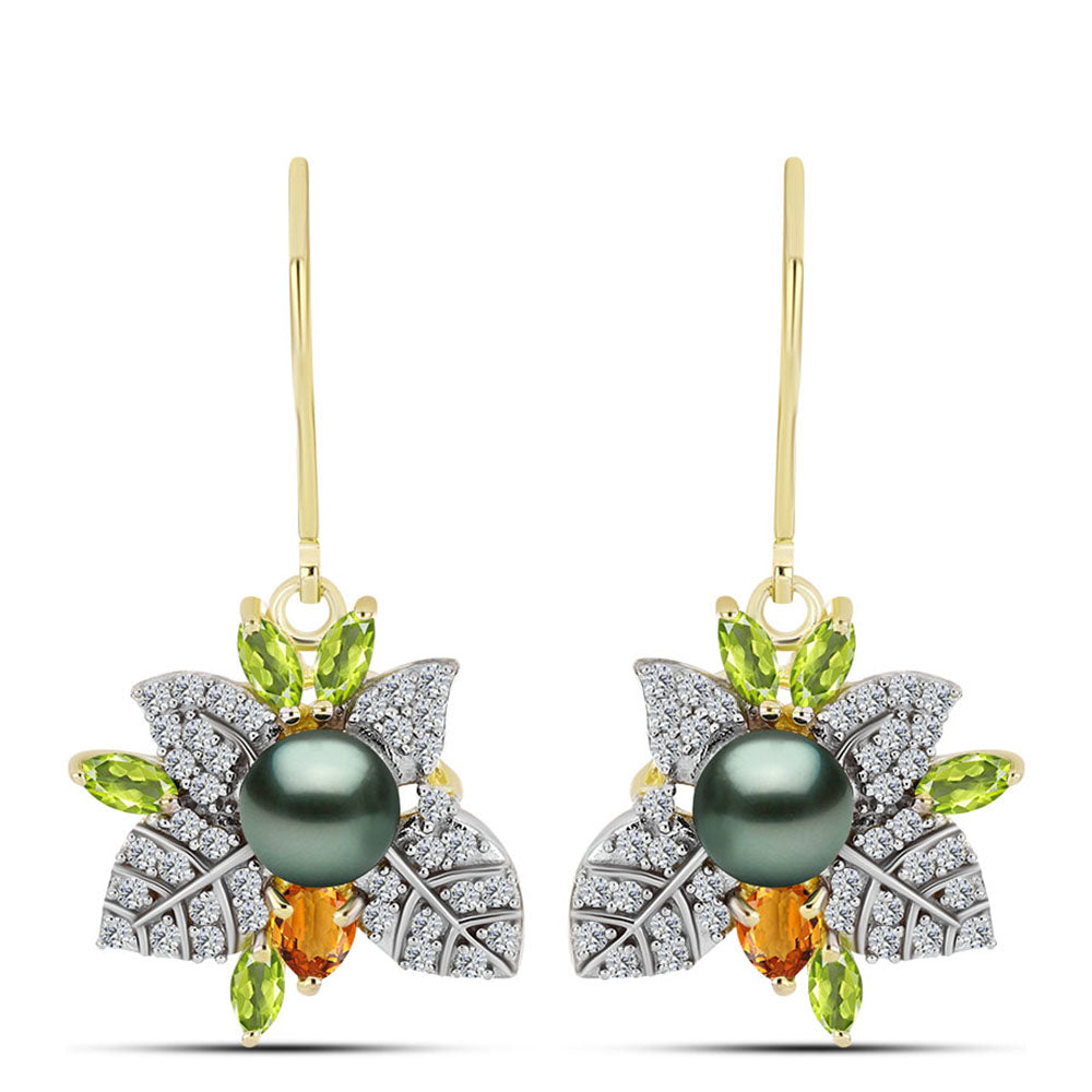 Cercei din Argint 925 Placat cu Aur ( 5.12 grame ) cu Perlă De apă Dulce cu Efect "Verde Tahitian" și Citrin Ural 2.1 Carate
