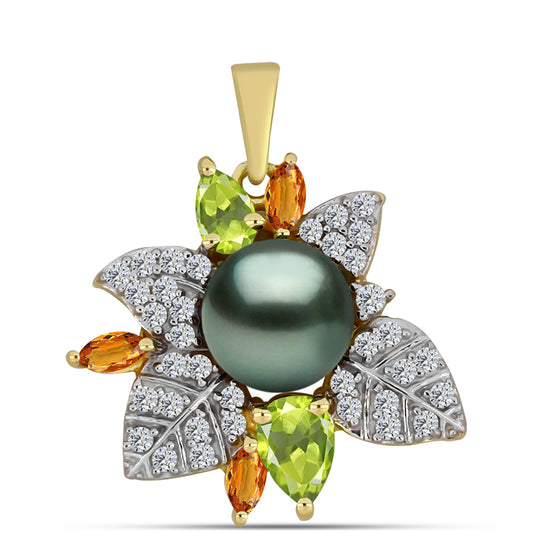Pandantiv din Argint 925 Placat cu Aur ( 3.24 grame ) cu Perlă De apă Dulce cu Efect "Verde Tahitian" și Peridot Changbai 1.97 Carate