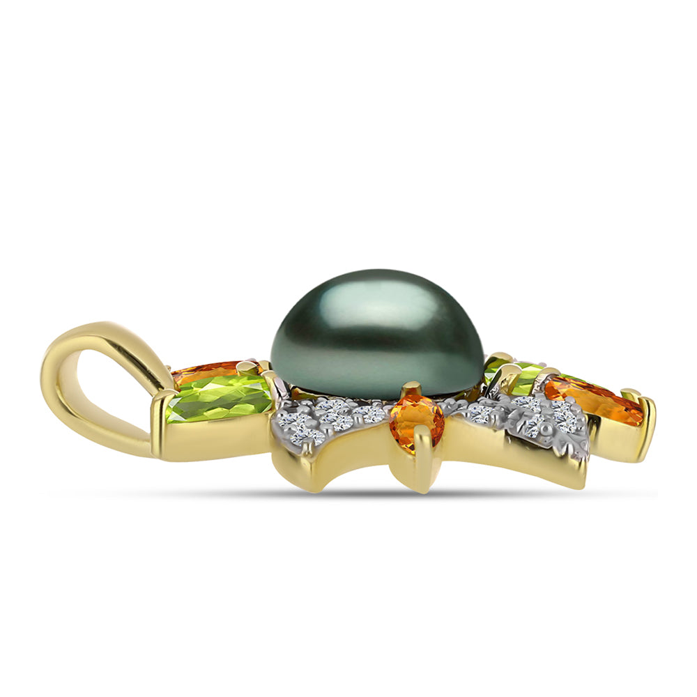 Pandantiv din Argint 925 Placat cu Aur ( 3.24 grame ) cu Perlă De apă Dulce cu Efect "Verde Tahitian" și Peridot Changbai 1.97 Carate