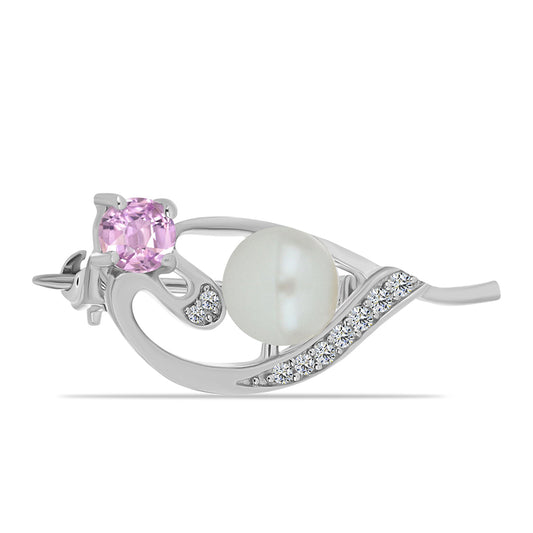 Broşă din Argint 925 ( 1.58 grame ) cu Kunzit Pala și Perlă Albă de Cultură 1.74 Carate