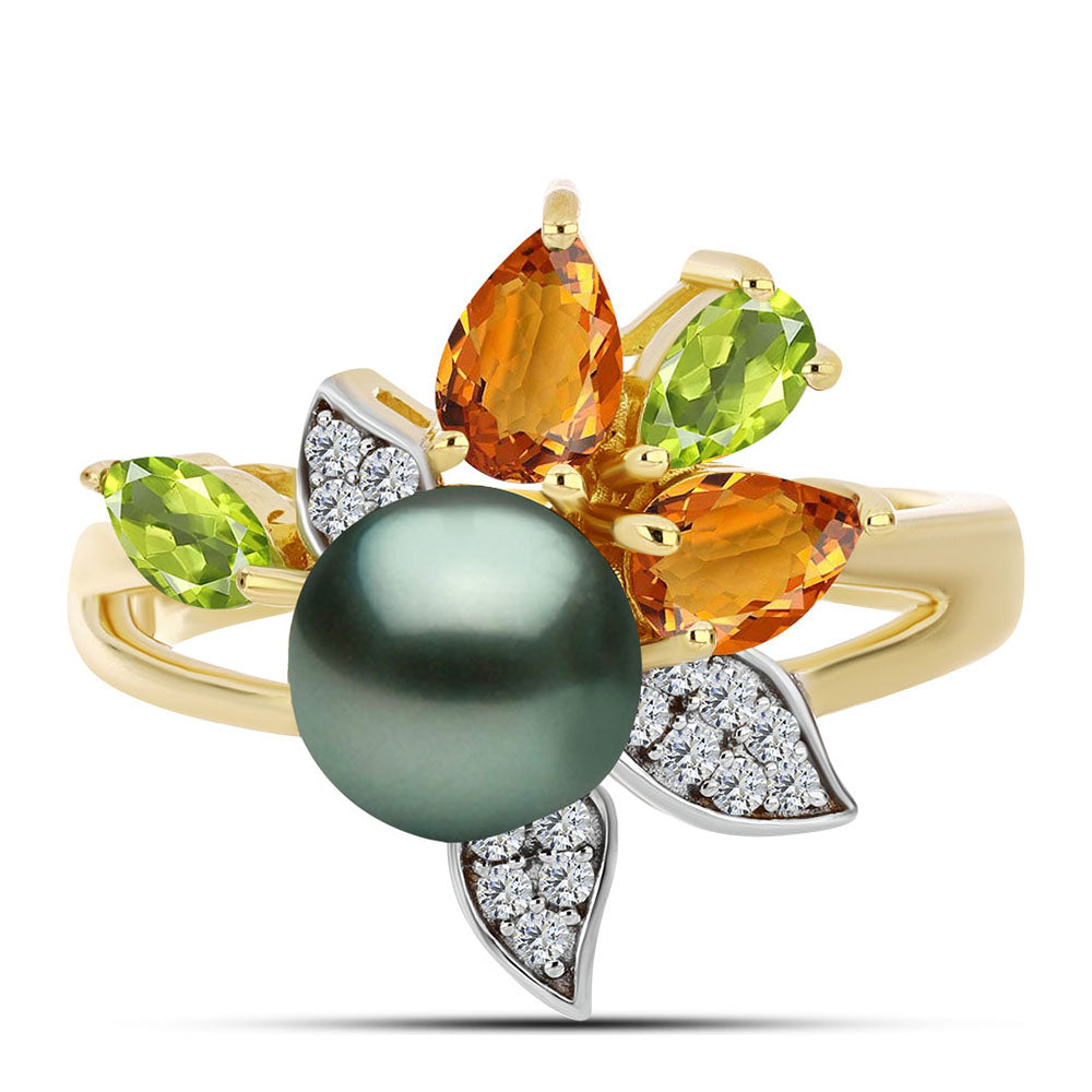 Inel din Argint 925 Placat cu Aur ( 4.56 grame ) cu Perlă De apă Dulce cu Efect "Verde Tahitian" și Citrin Ural 2.19 Carate