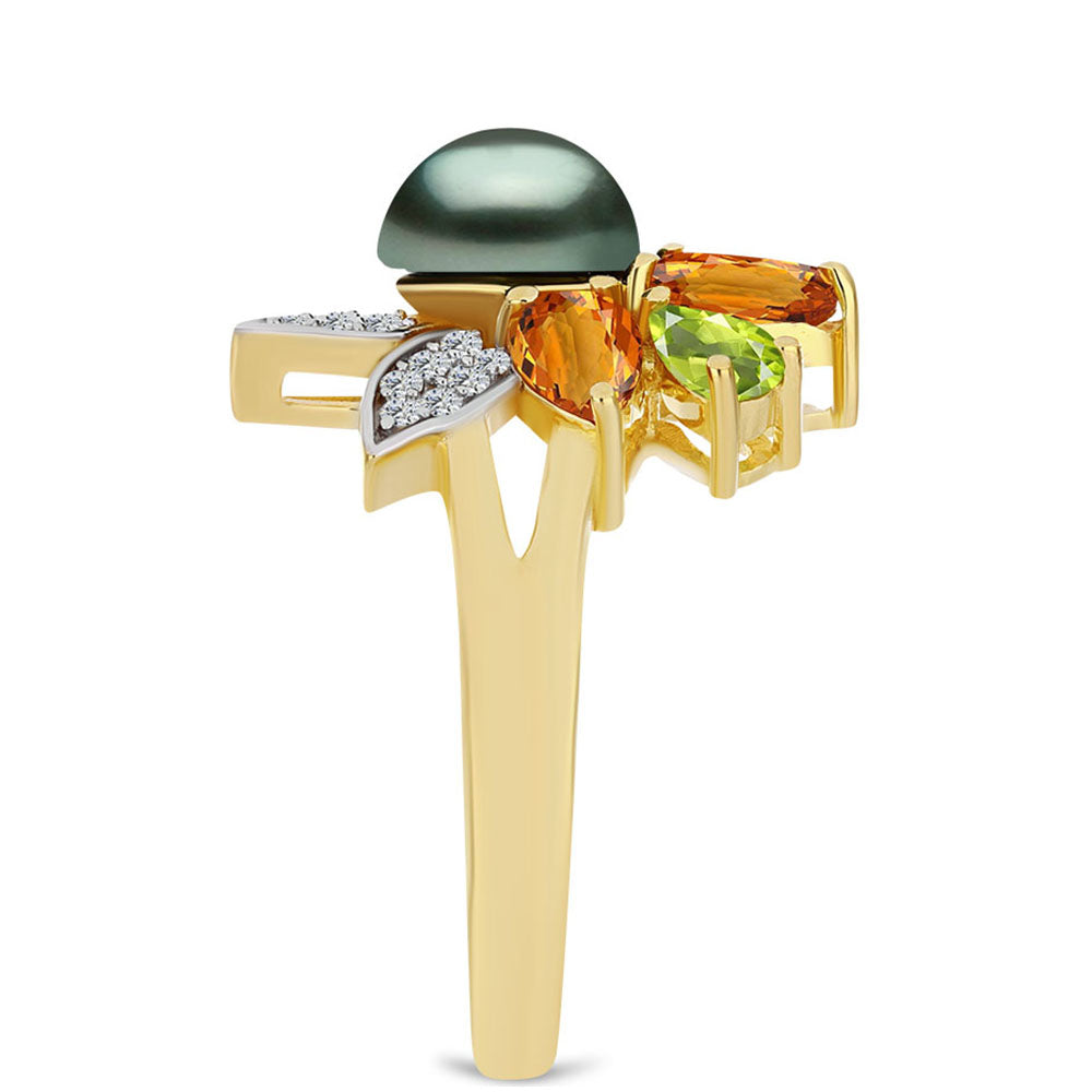 Inel din Argint 925 Placat cu Aur ( 4.56 grame ) cu Perlă De apă Dulce cu Efect "Verde Tahitian" și Citrin Ural 2.19 Carate 4 