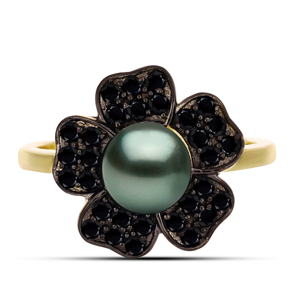 Inel din Argint 925 Placat cu Aur ( 3.71 grame ) cu Perlă De apă Dulce cu Efect "Verde Tahitian" și Spinel Negru Gorno Badakhshan 1.71 Carate 1 