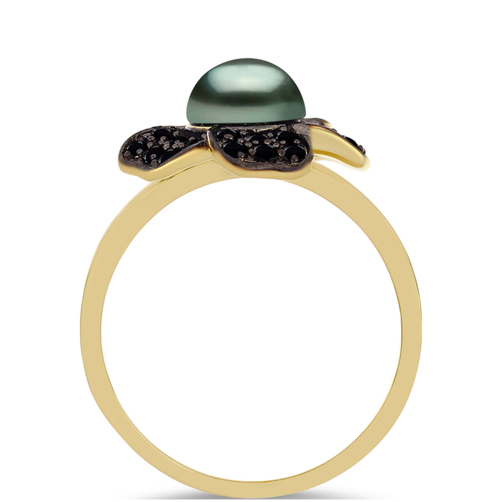 Inel din Argint 925 Placat cu Aur ( 3.71 grame ) cu Perlă De apă Dulce cu Efect "Verde Tahitian" și Spinel Negru Gorno Badakhshan 1.71 Carate