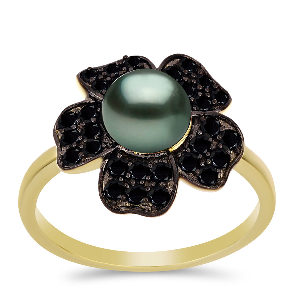 Inel din Argint 925 Placat cu Aur ( 3.71 grame ) cu Perlă De apă Dulce cu Efect "Verde Tahitian" și Spinel Negru Gorno Badakhshan 1.71 Carate 3 