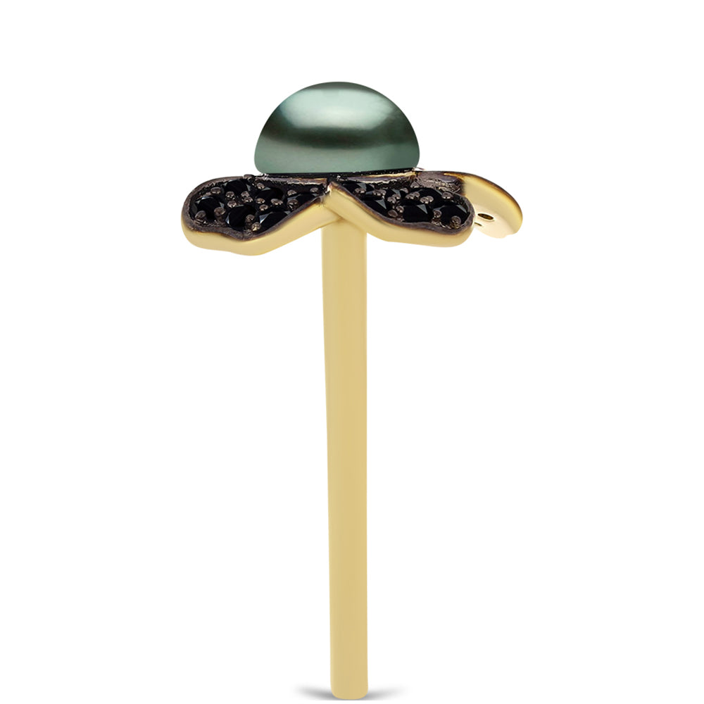 Inel din Argint 925 Placat cu Aur ( 3.71 grame ) cu Perlă De apă Dulce cu Efect "Verde Tahitian" și Spinel Negru Gorno Badakhshan 1.71 Carate 4 