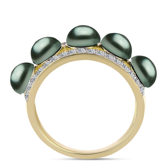 Inel din Argint 925 Placat cu Aur ( 3.43 grame ) cu Perlă De apă Dulce cu Efect "Verde Tahitian" și Topaz Alb 2.17 Carate