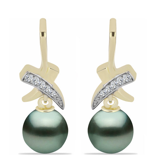 Cercei din Argint 925 Placat cu Aur ( 3.32 grame ) cu Perlă De apă Dulce cu Efect "Verde Tahitian" și Topaz Alb 8.48 Carate