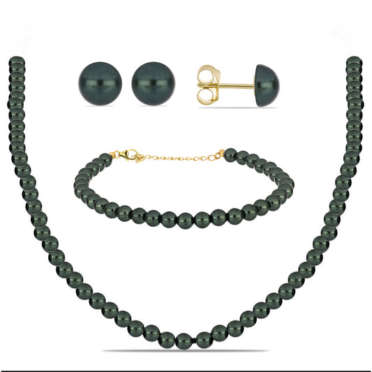 Set din Argint 925 Placat cu Aur ( 1.66 grame ) cu Perlă De apă Dulce cu Efect "Verde Tahitian" 203.82 Carate ( Colier+Cercei+Brățară )