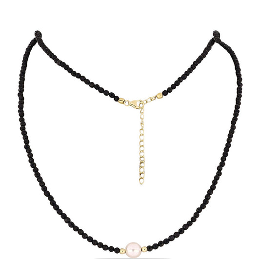 Colier din Argint 925 Placat cu Aur ( 1.12 grame ) cu Onix Negru și Perlă Albă de Cultură 39.04 Carate