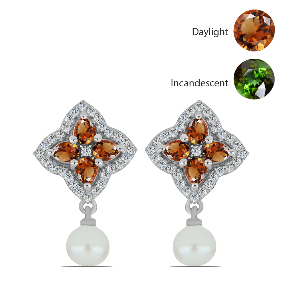 Cercei din Argint 925 ( 4.49 grame ) cu Zultanit Anatolian Certificat cultivat în laborator și Perlă de Apă Dulce Albă 5.02 Carate 1 