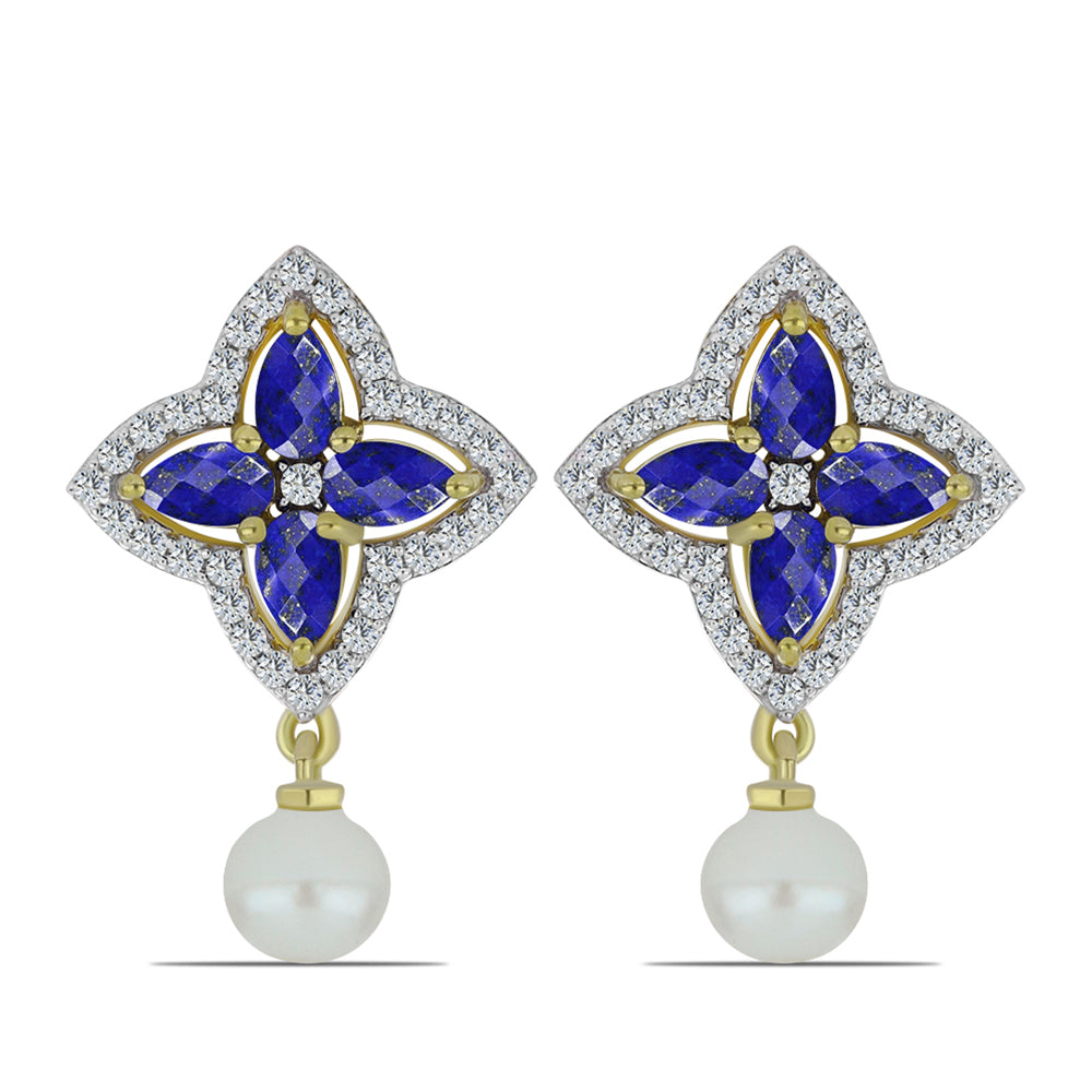 Cercei din Argint 925 Placat cu Aur ( 5.26 grame ) cu Lapis Lazuli și Perlă de Apă Dulce Albă 5.63 Carate 1 