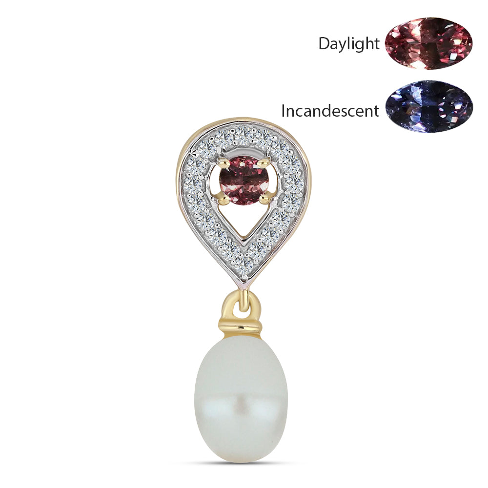 Pandantiv din Argint 925 Placat cu Aur ( 0.81 grame ) cu Granat Tsivory care își schimbă culoarea și Perlă de Apă Dulce Albă 2.07 Carate