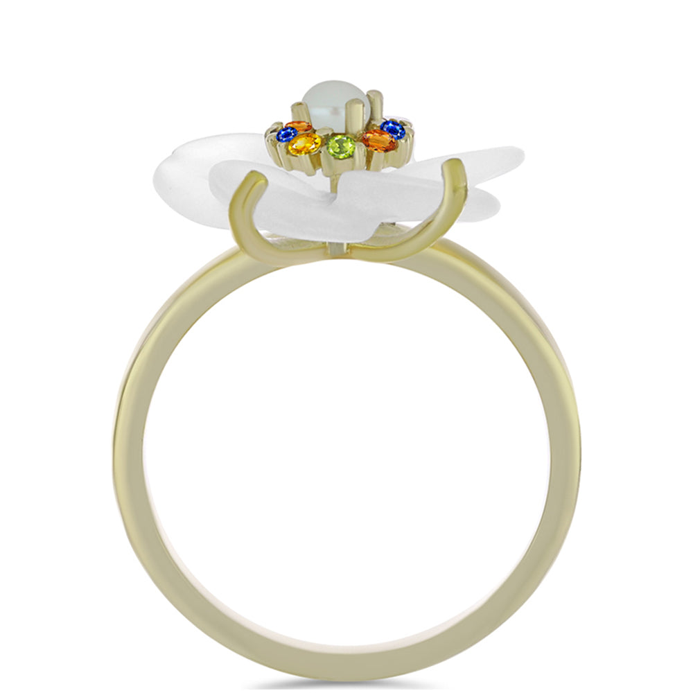 Inel din Argint 925 Placat cu Aur ( 3.03 grame ) cu Safir Curcubeu și Perlă de Apă Dulce Albă 5.91 Carate