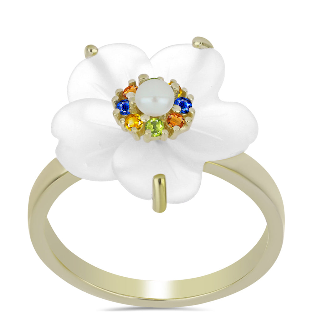 Inel din Argint 925 Placat cu Aur ( 3.03 grame ) cu Safir Curcubeu și Perlă de Apă Dulce Albă 5.91 Carate