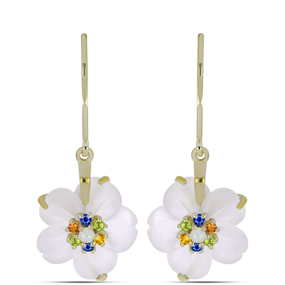 Cercei din Argint 925 Placat cu Aur ( 2.39 grame ) cu Safir Curcubeu și Perlă de Apă Dulce Albă 6.34 Carate 1 