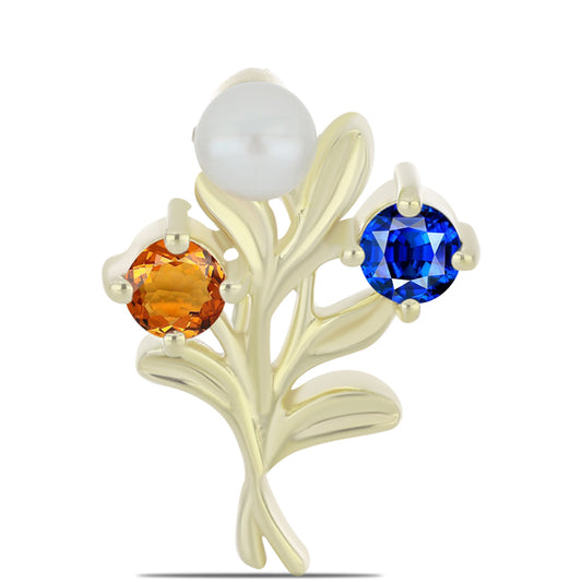 Broşă din Argint 925 Placat cu Aur ( 2.9 grame ) cu Safir Curcubeu și Perlă de Apă Dulce Albă 1.27 Carate