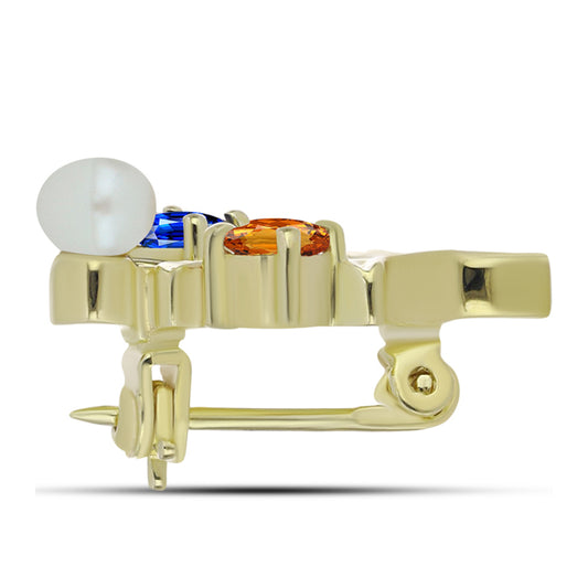 Broşă din Argint 925 Placat cu Aur ( 2.9 grame ) cu Safir Curcubeu și Perlă de Apă Dulce Albă 1.27 Carate