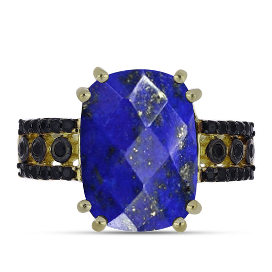 Inel din Argint 925 Placat cu Aur ( 3.83 grame ) cu Lapis Lazuli și Spinel Negru 6.41 Carate