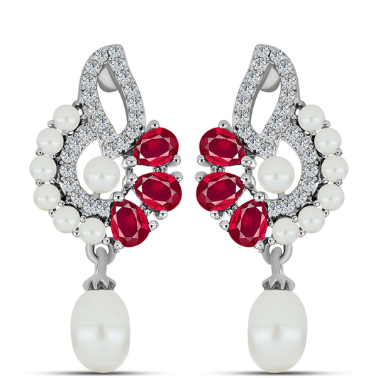 Cercei din Argint 925 ( 3.82 grame ) cu Rubin Malagasy și Perlă de Apă Dulce Albă 5.03 Carate